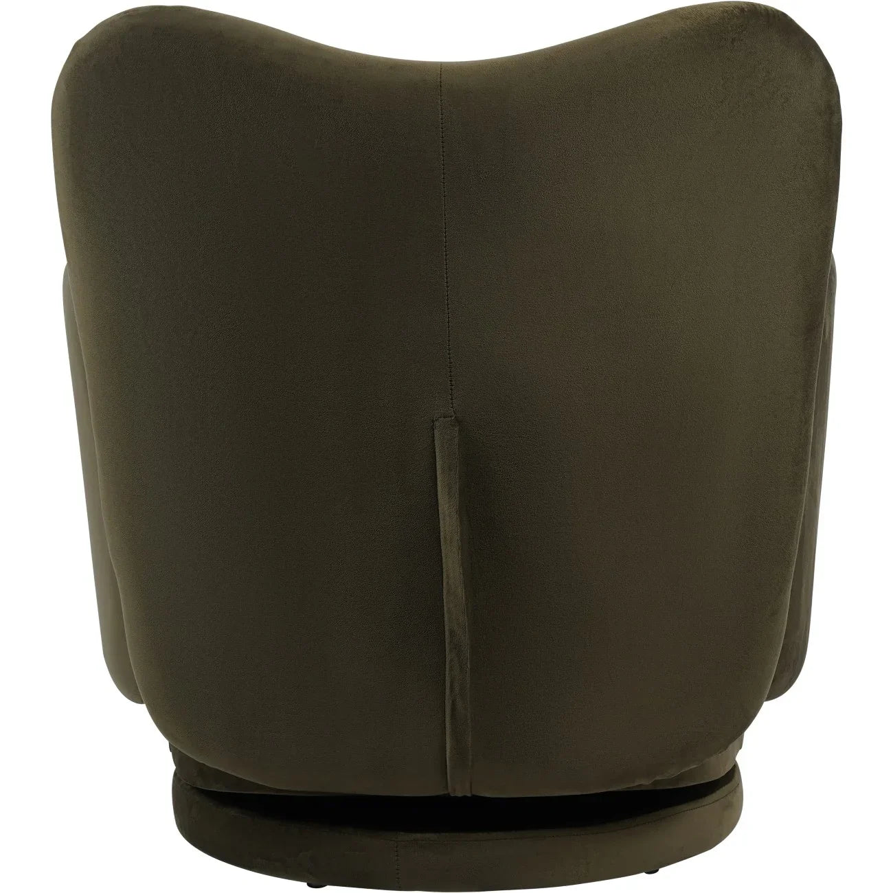 Back view of green velvet swivel chair with smooth upholstery.