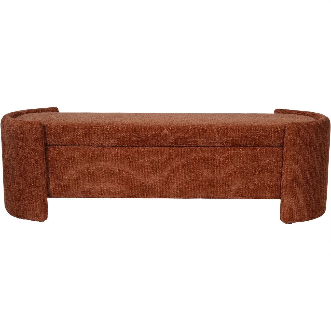Terracotta fabric bench with curved armrests and hidden storage compartment.