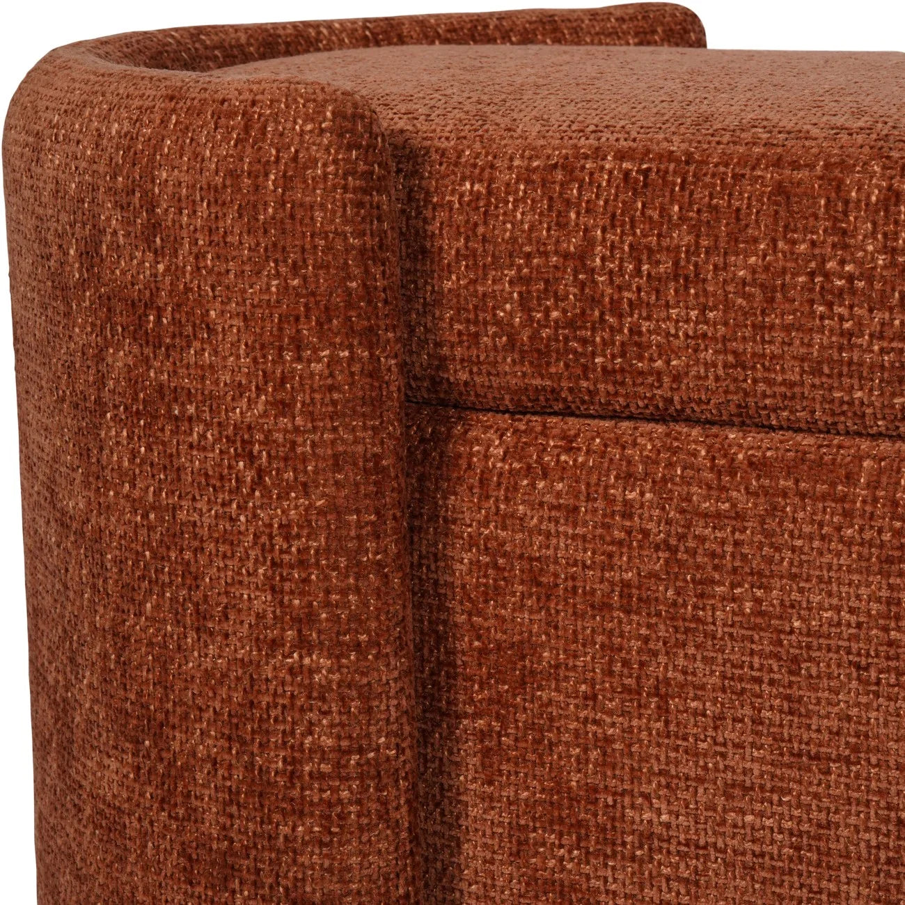 Terracotta fabric bench corner with textured upholstery detail