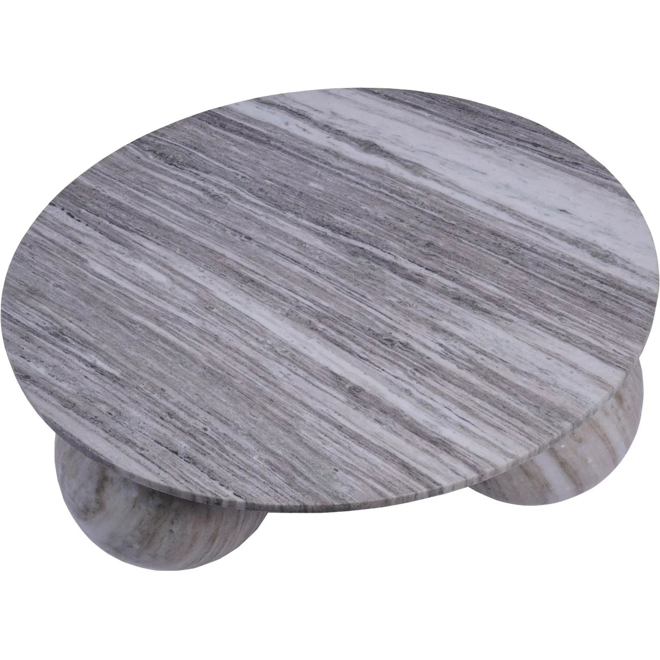 Round grey marble table with subtle veining on spherical legs