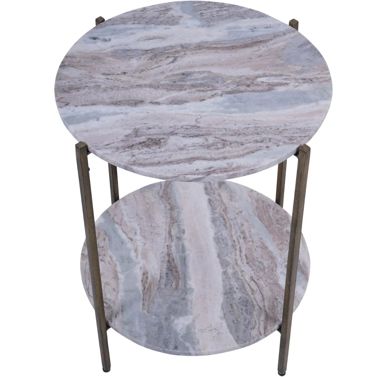 Marble-patterned round side table with dual-tier design and metal legs.