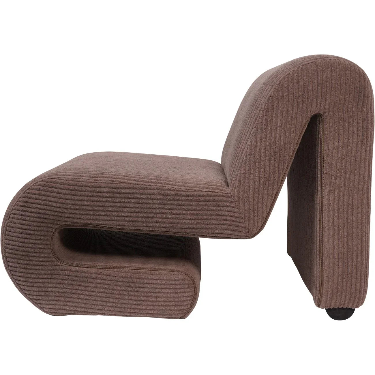 Mid brown corduroy chair with a unique curved design.