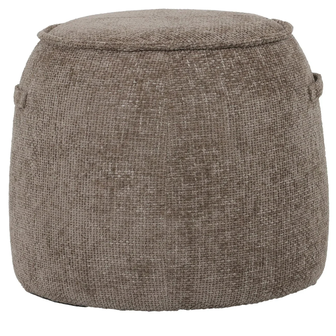 Brown textured stool with a woven fabric surface.
