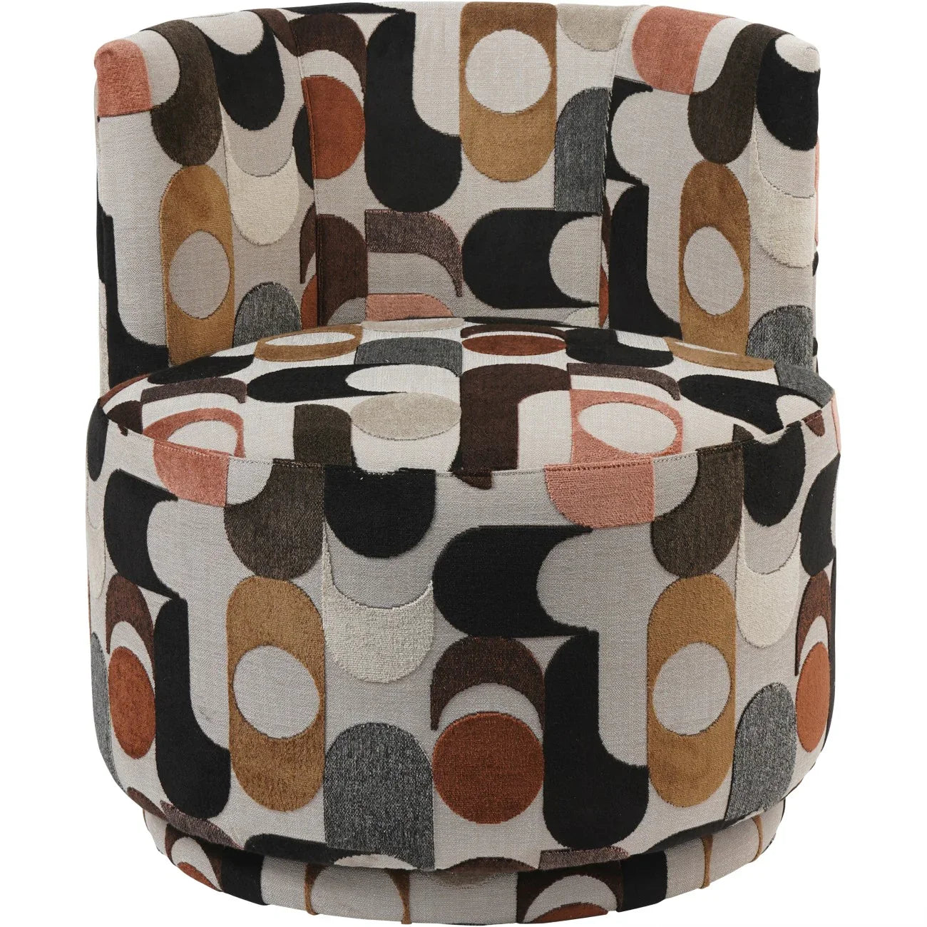 Patterned velvet swivel chair with geometric design in earthy tones.