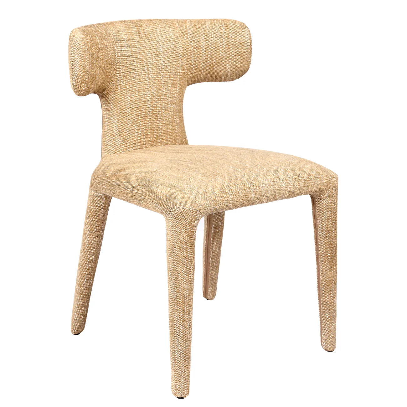 Wheat-colored upholstered dining chair with textured fabric finish.