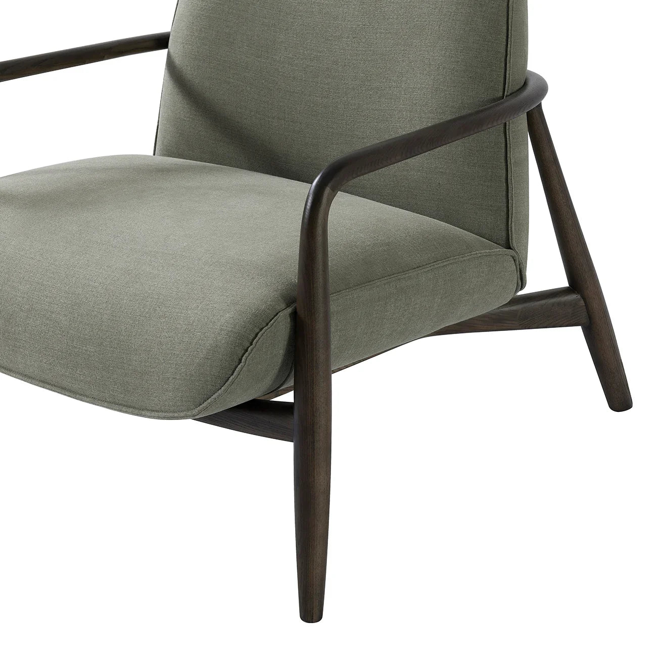 Green fabric chair with dark wooden arms and legs, angled view.