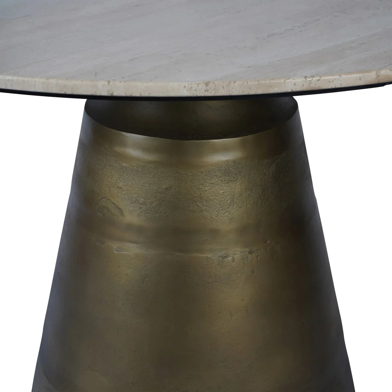 Beige travertine tabletop with a matte bronze conical base.