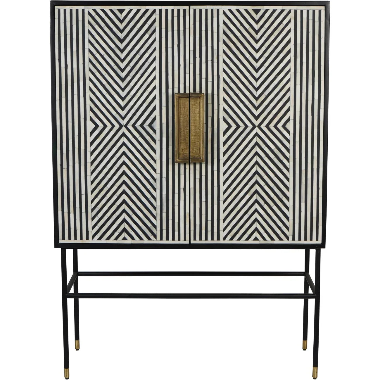 Black and white geometric inlay cabinet with brass handles and slender black legs.
