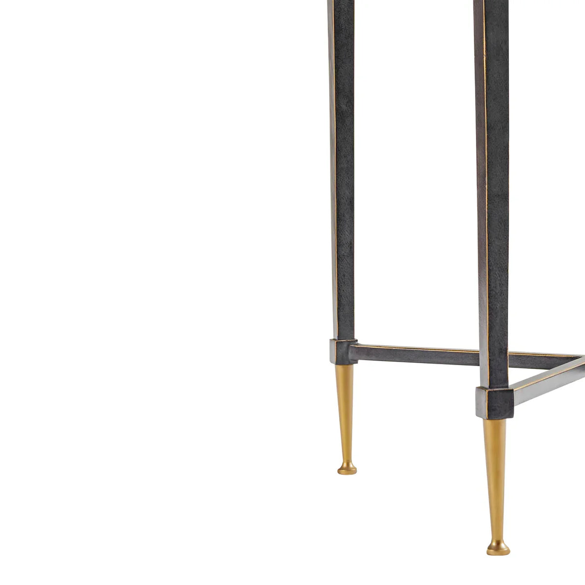 Dark metal table legs with gold-toned feet detail.