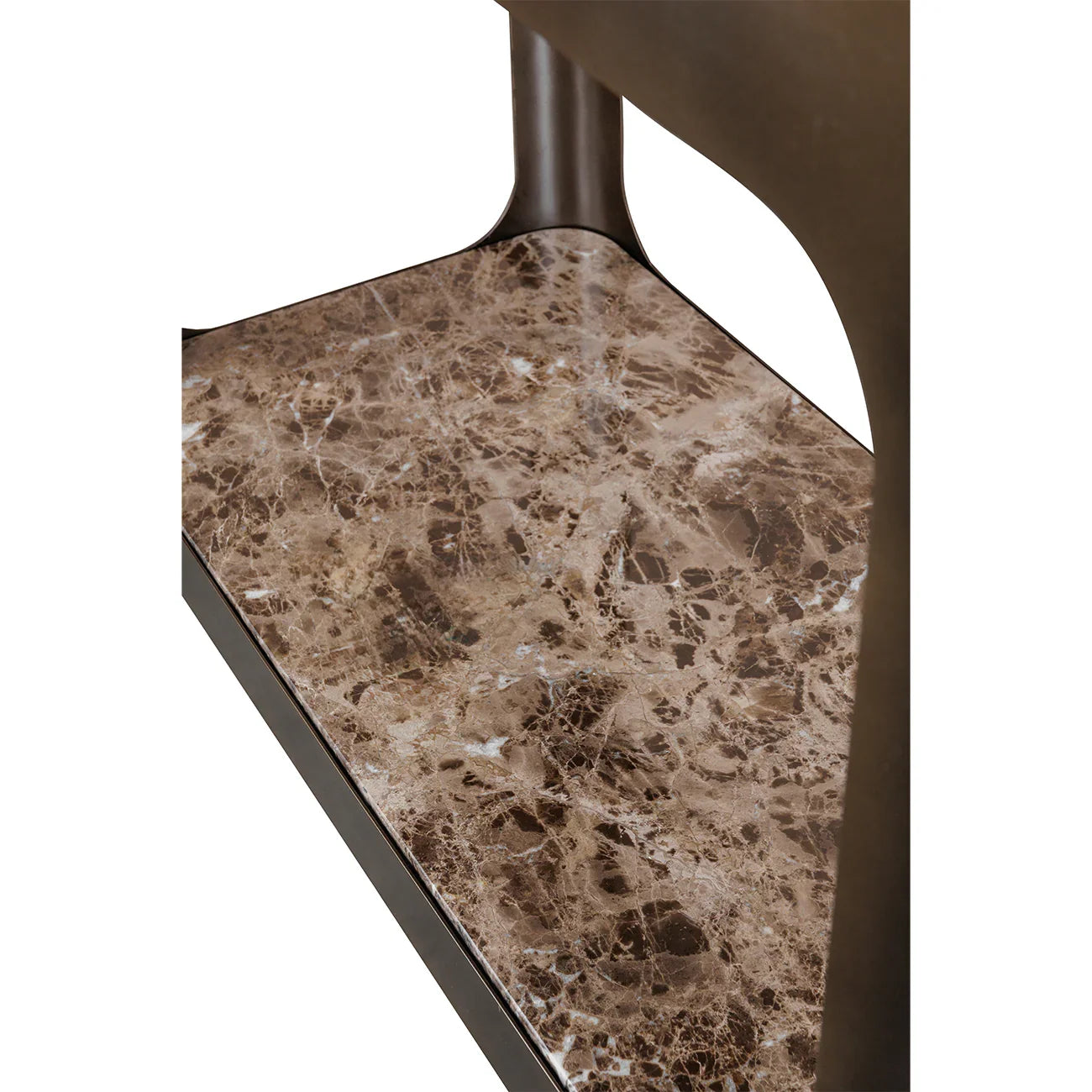 Brown marble shelf with smoked bronze metal frame detail.