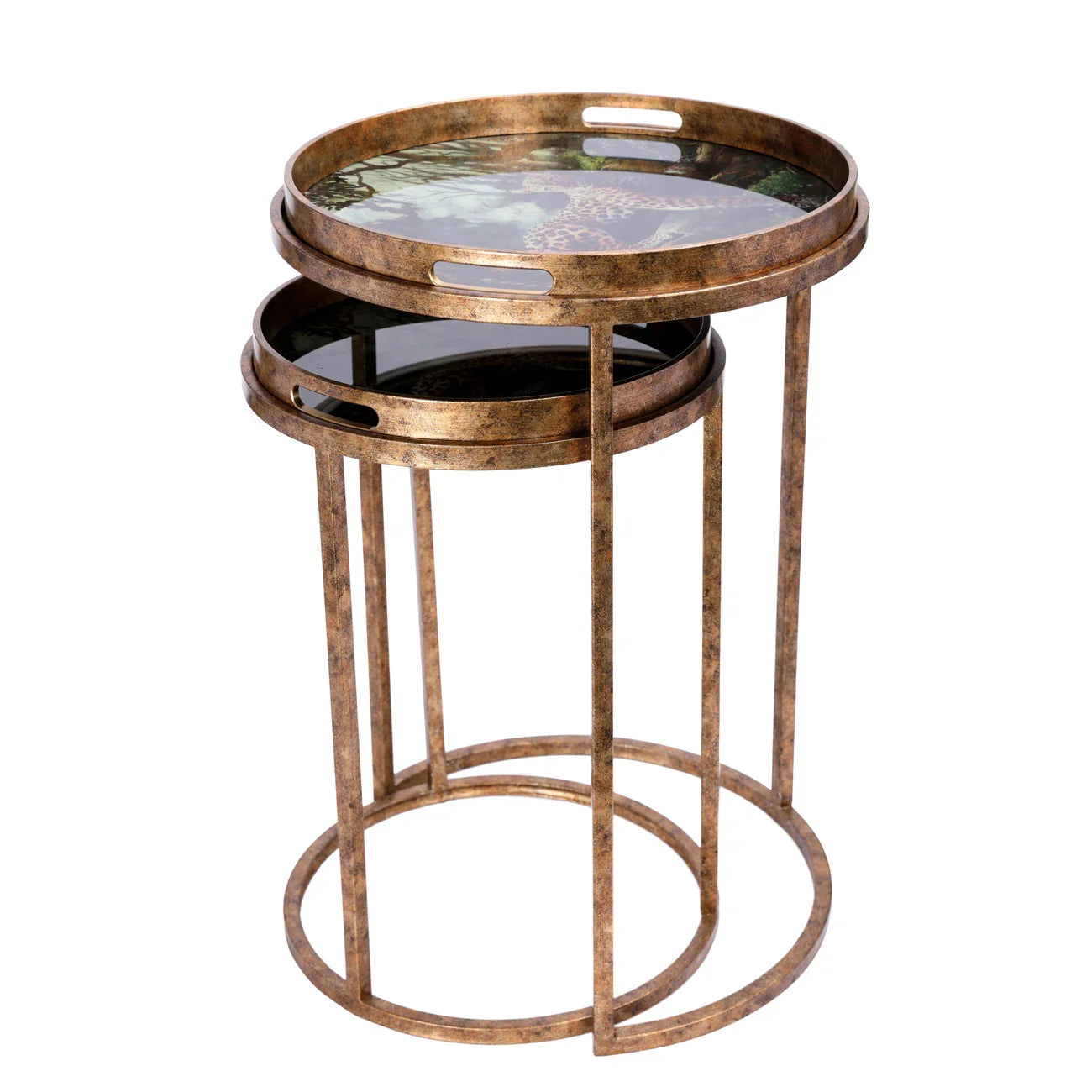 Bronze nesting tray tables with leopard design on top surface.
