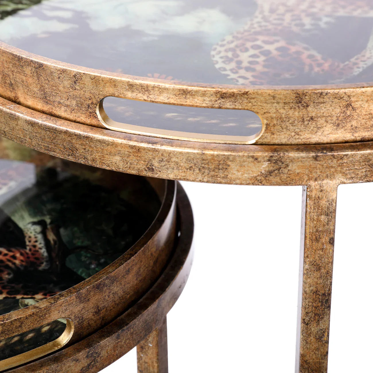 Rustic brown tray tables with leopard design and circular cutout handles.