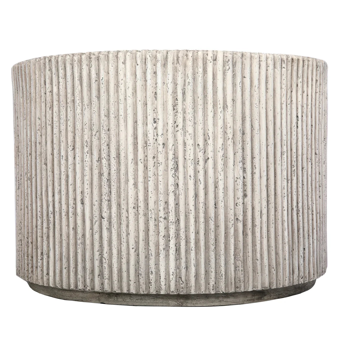 Beige cylindrical table with vertical ribbed texture.
