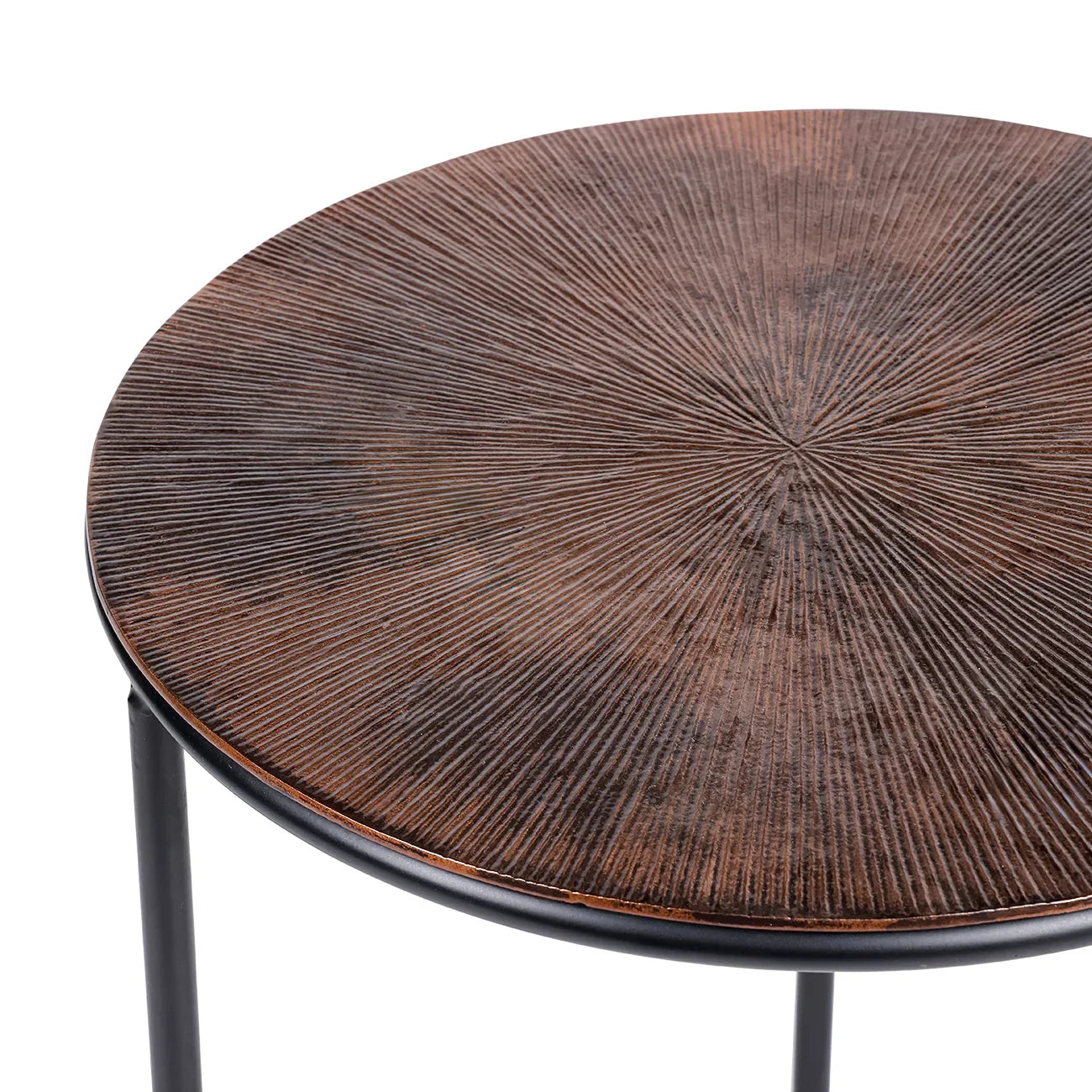 Brown metal table with radial textured surface and black legs.