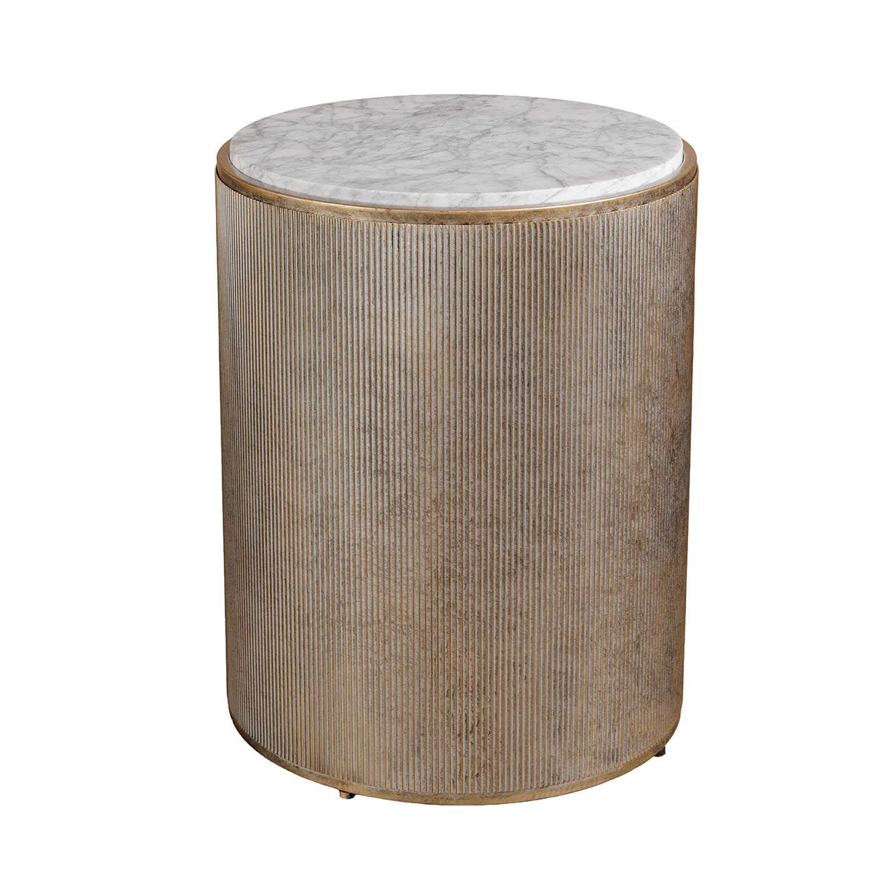 Aged gold cylindrical side table with a marble top.