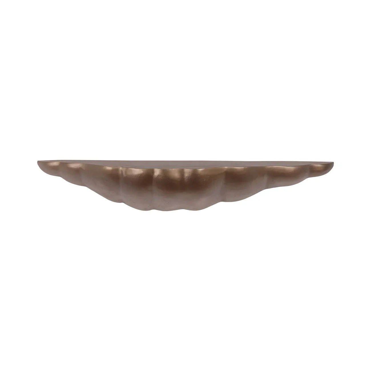 Antique brass floating shelf with scalloped edge design.