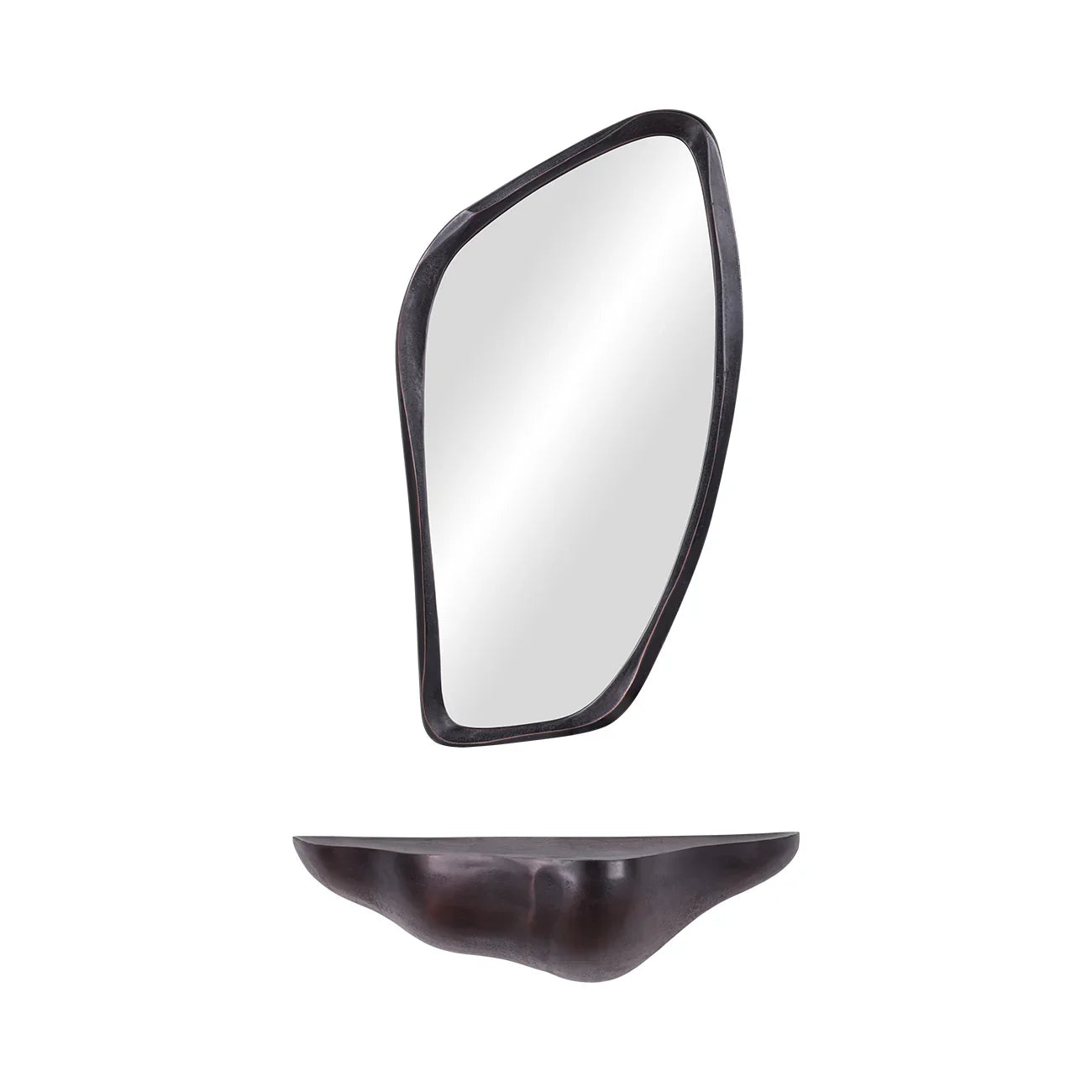 Bronze floating shelf with abstract mirror design.