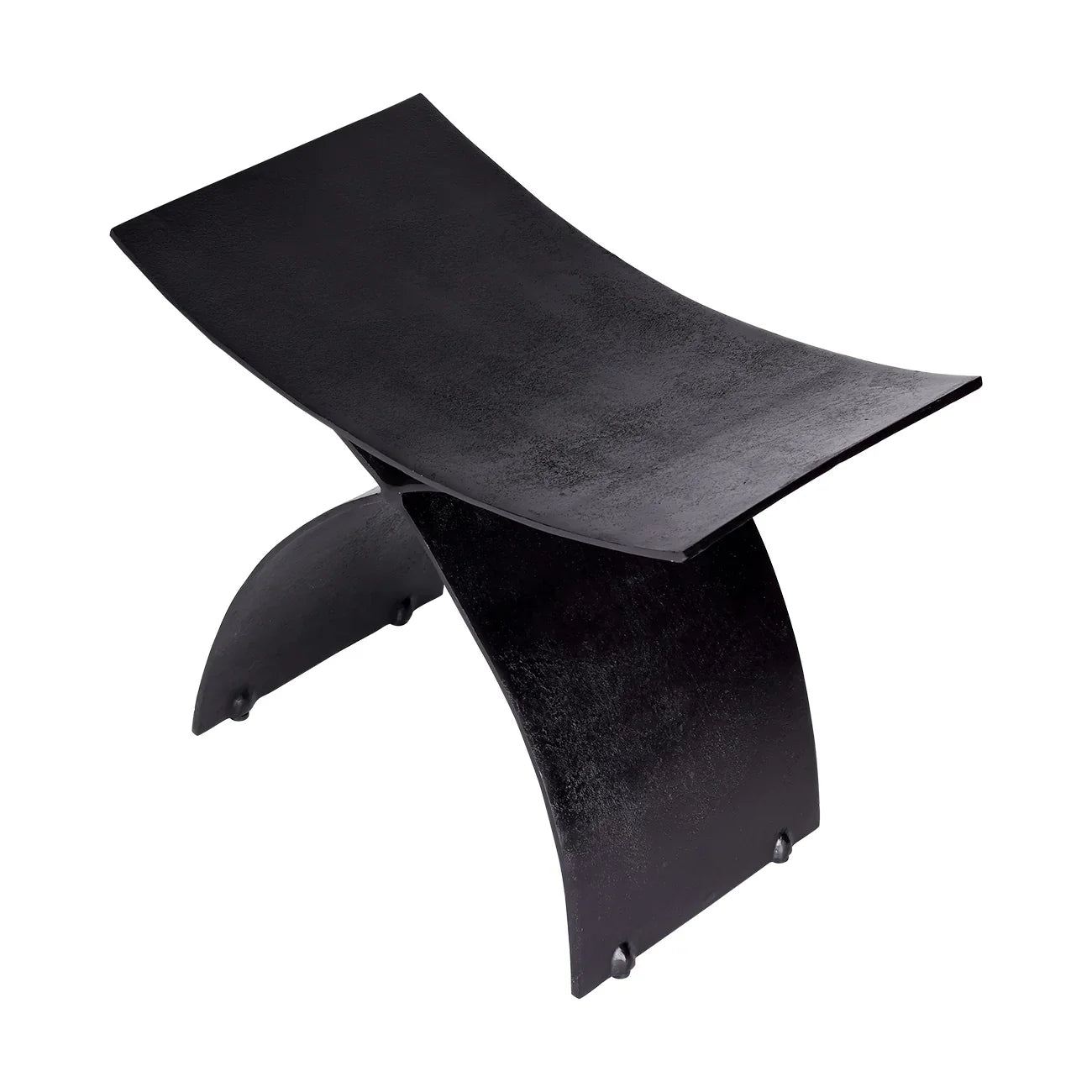 Black iron stool with curved seat and arched legs on a white background.