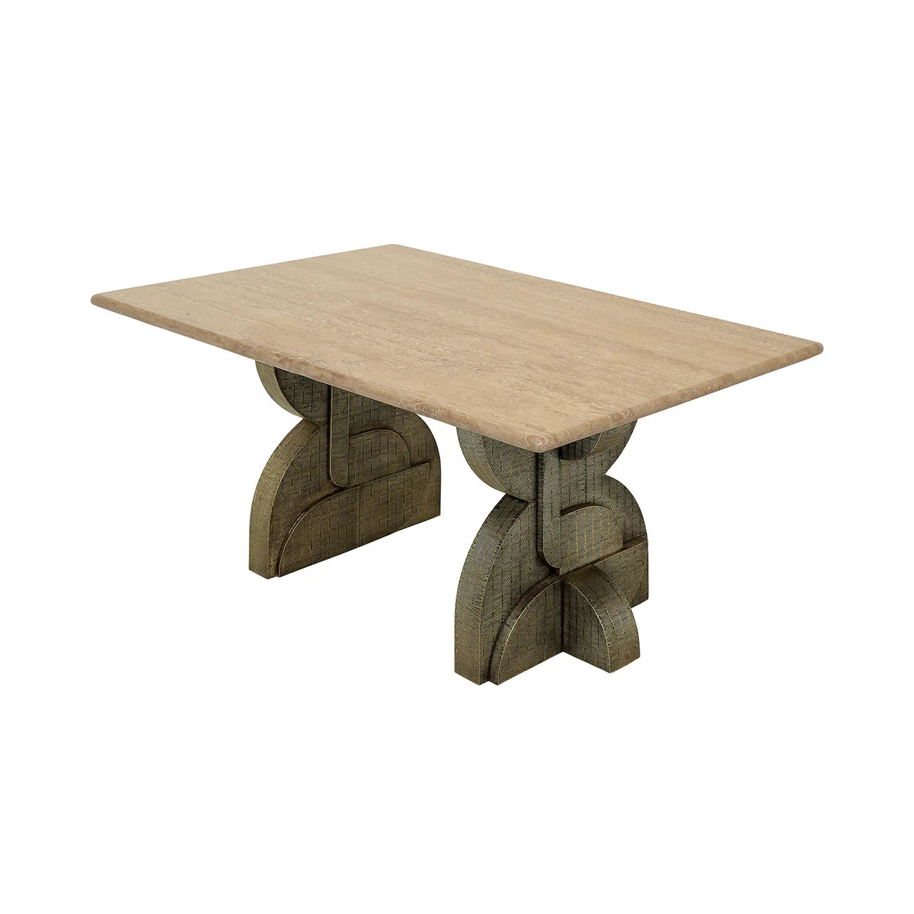 Beige travertine dining table with sculptural wooden base.