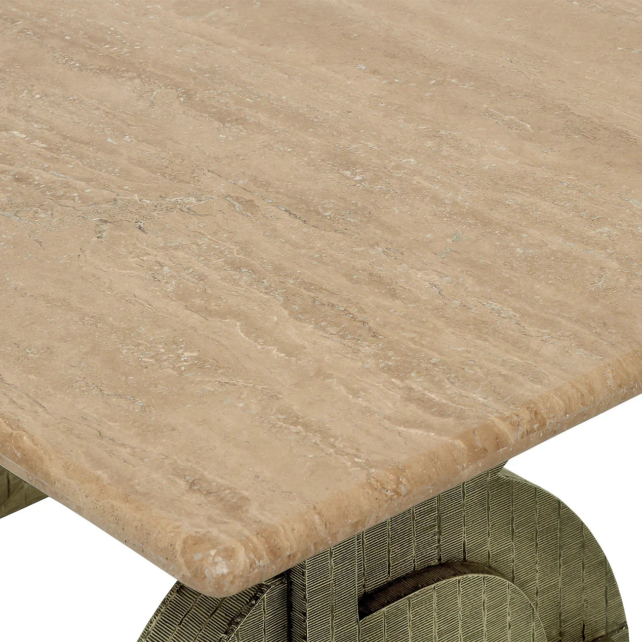 Beige travertine table surface with textured stone detail.