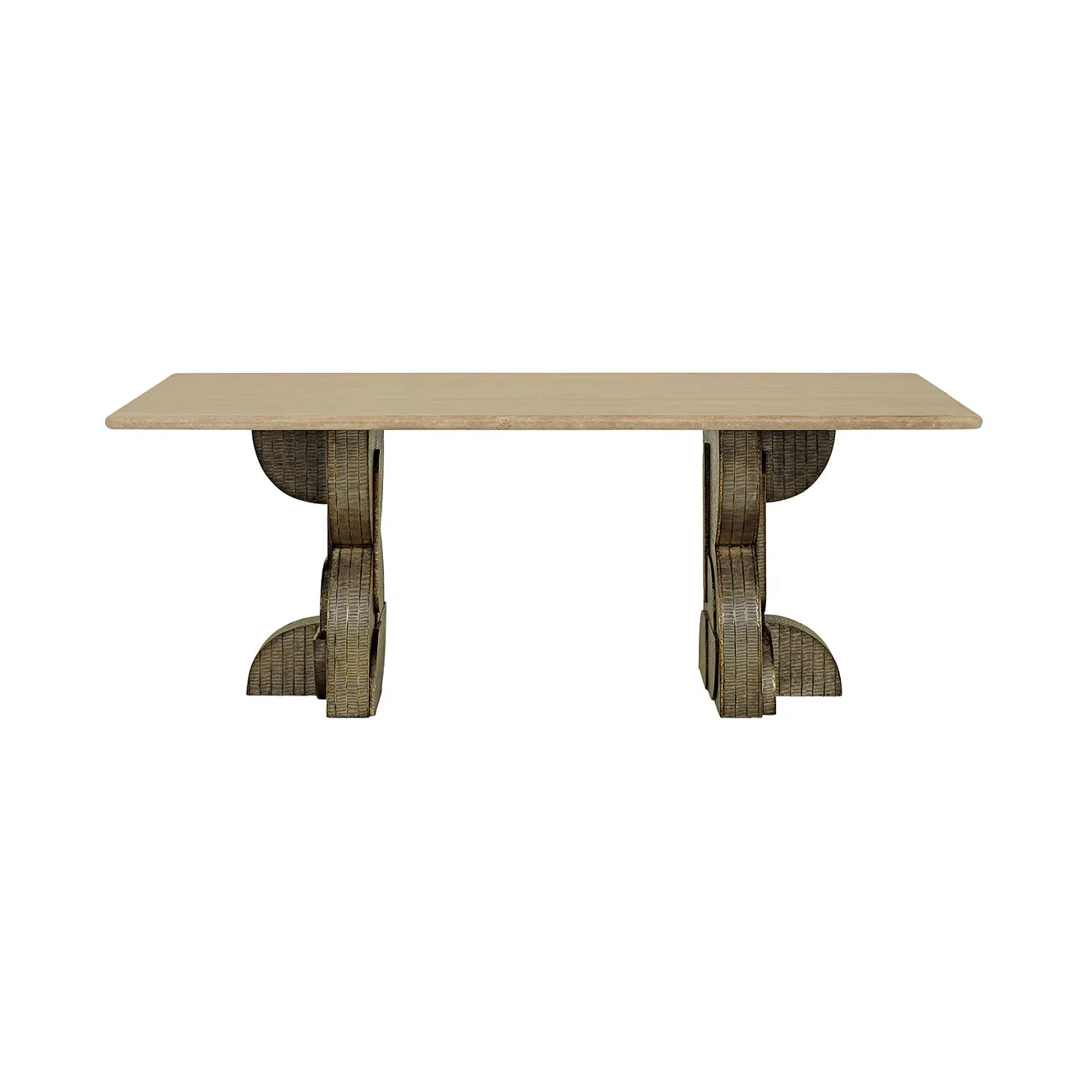 Beige travertine dining table with ornate pedestal legs | Home Centre Direct UK