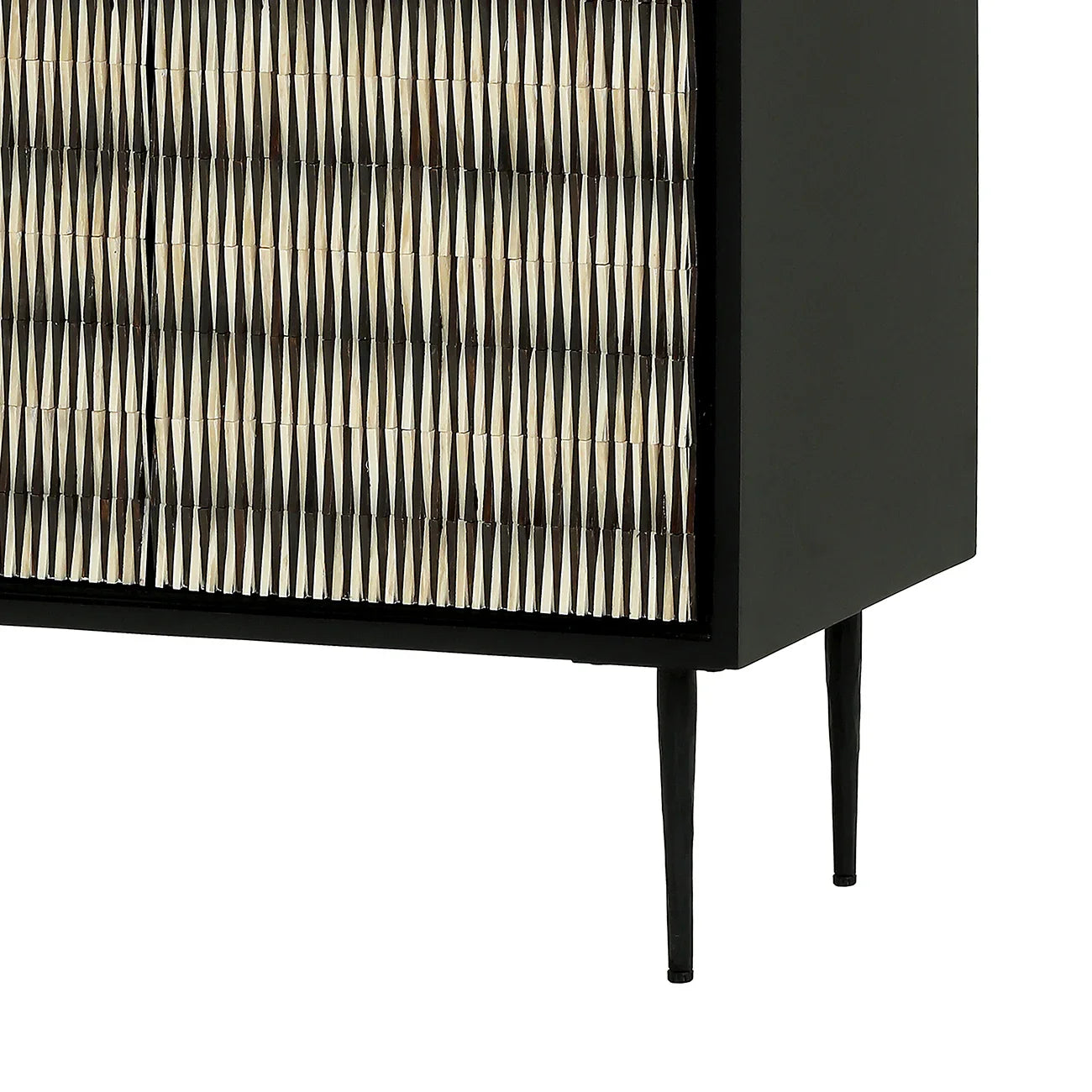 Black cabinet with intricate bone inlay pattern on doors, slender legs.