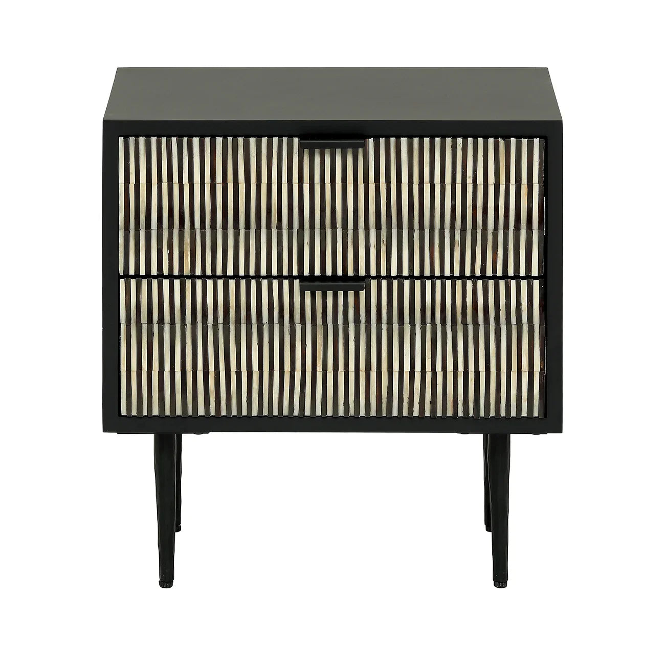 Black bedside table with striped bone inlay drawers.