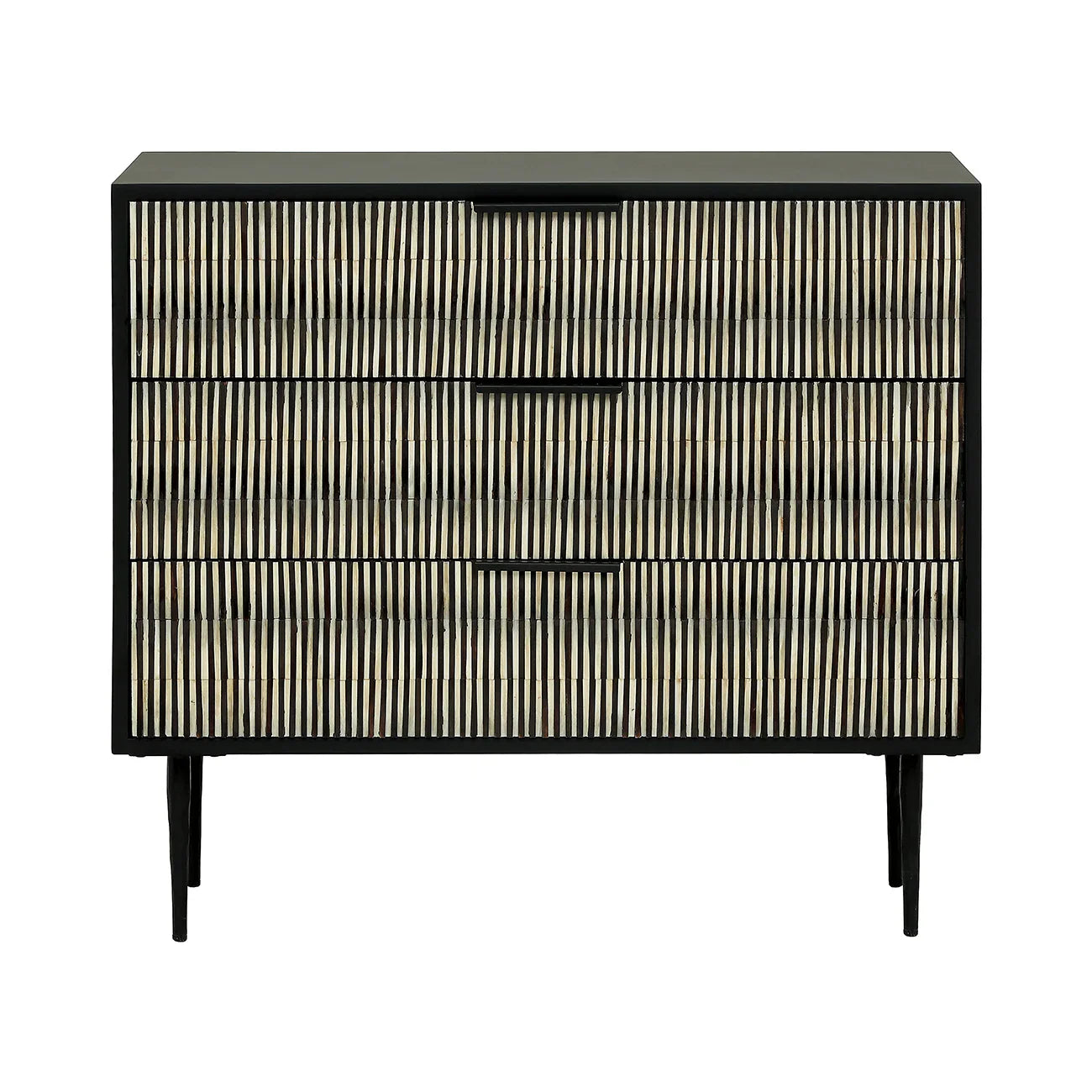 Black and white striped chest with three drawers and slender legs.
