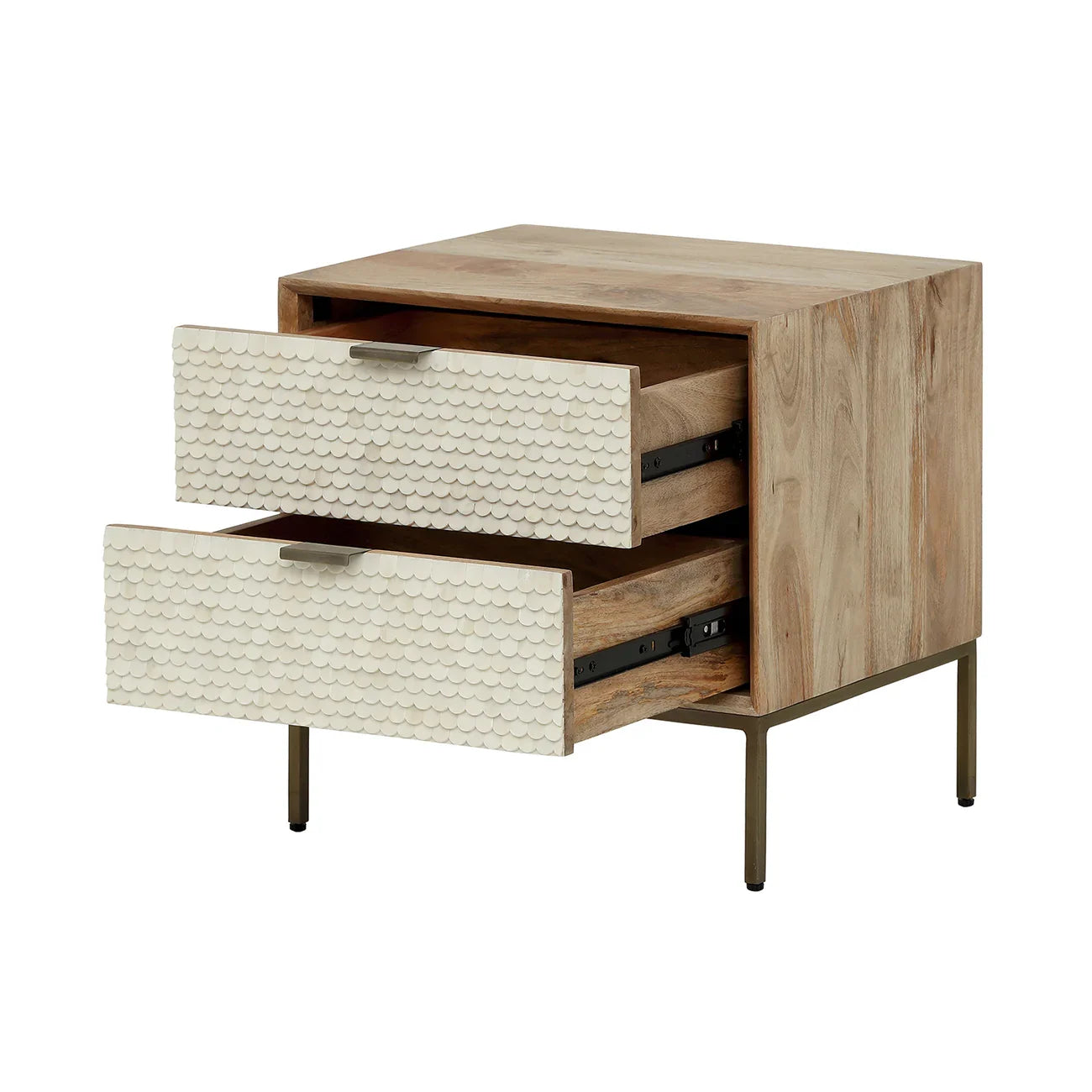 Wooden bedside table with open drawers featuring white scalloped fronts.