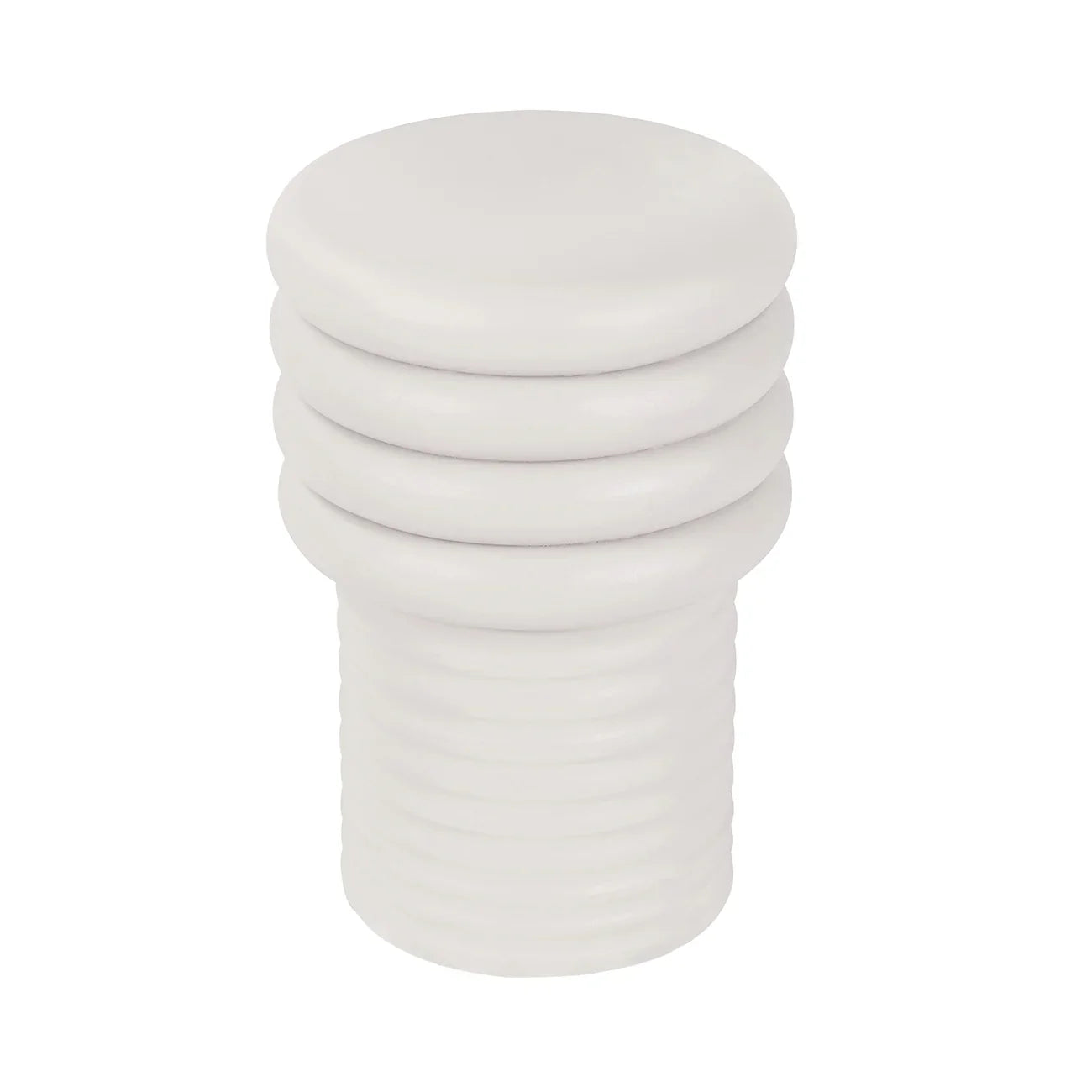 White cylindrical side table with stacked ring design.