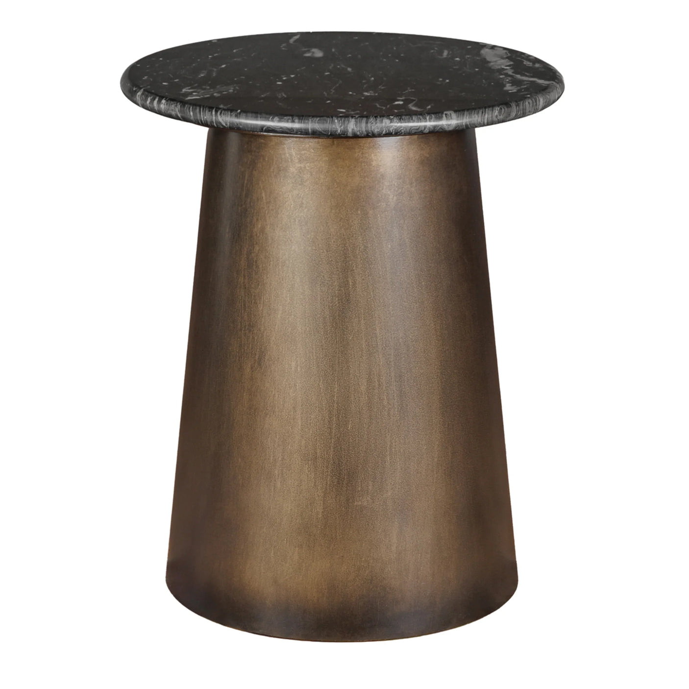 Black marble-topped table with a bronze tapered base.
