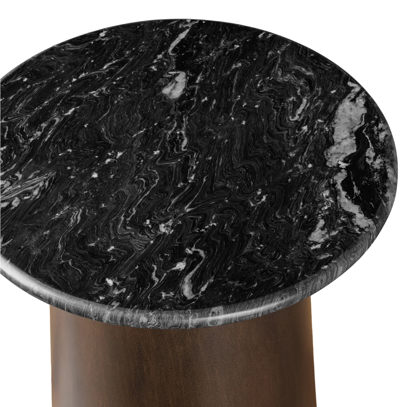 Black marble tabletop with swirling white patterns on a wooden base.