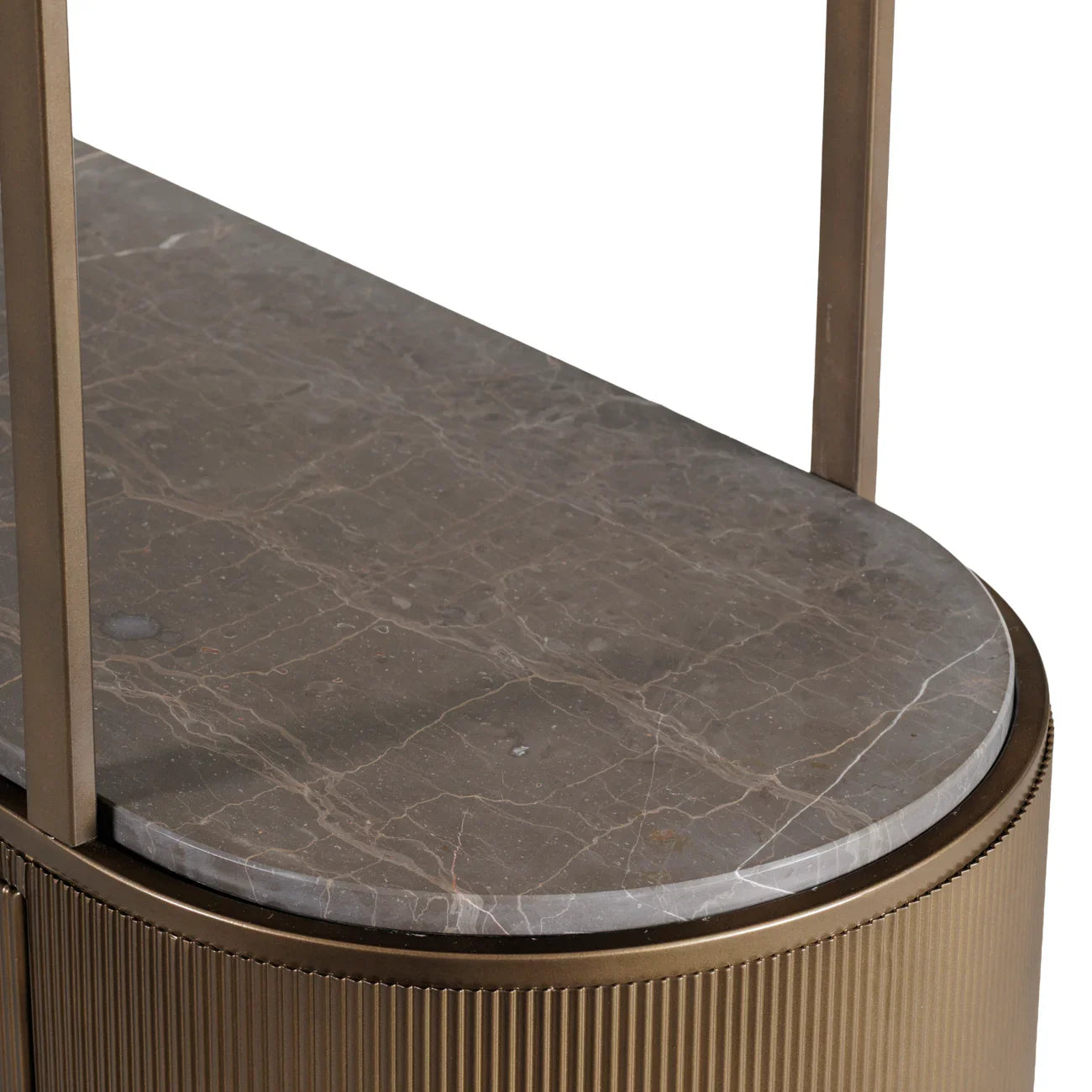 Brown marble shelf with gold metal frame detail.