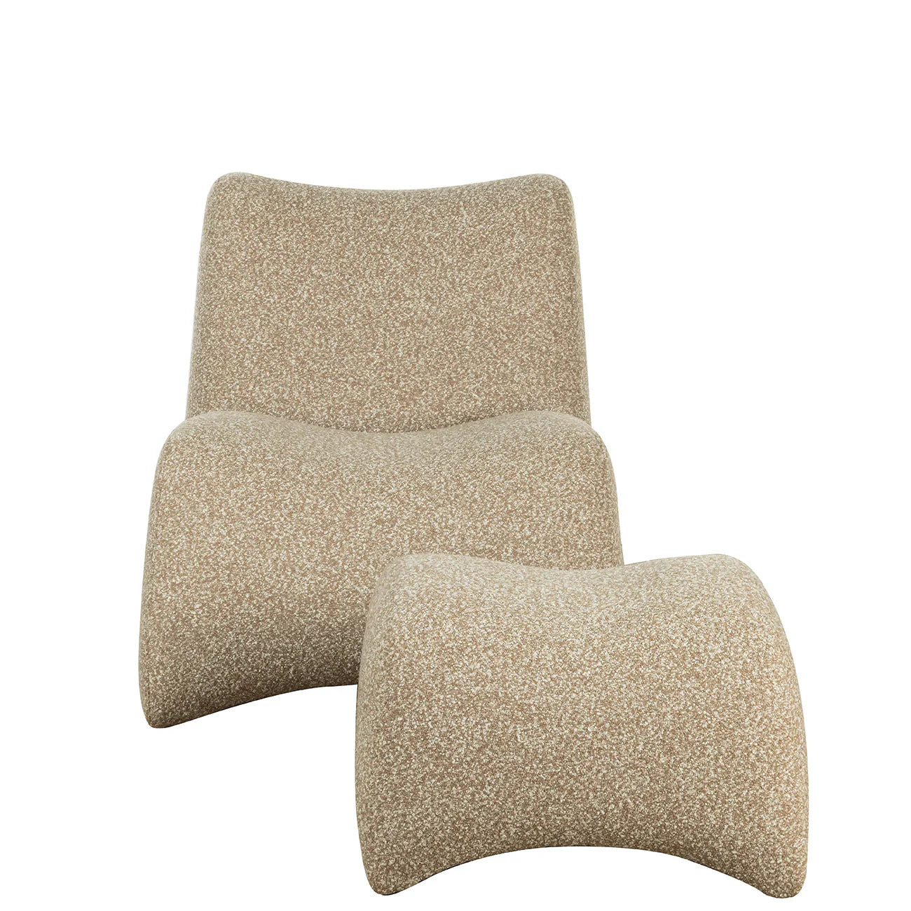 Beige textured chair and stool set with curved design.
