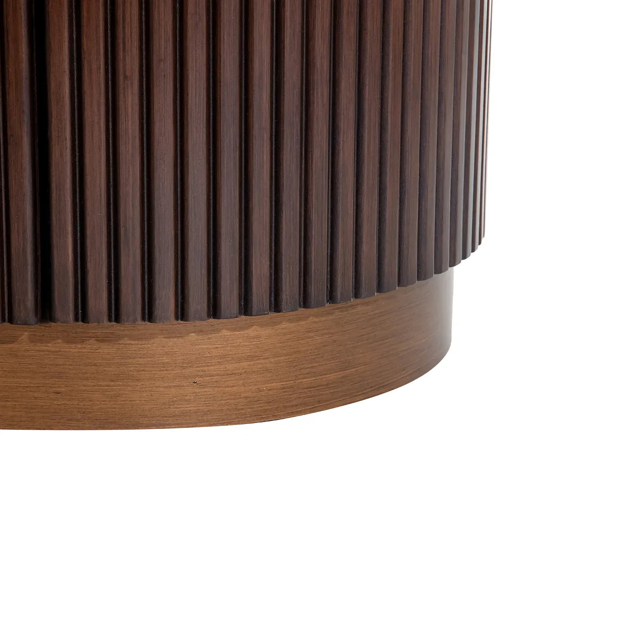 Dark wood cabinet base with vertical grooves and smooth finish.