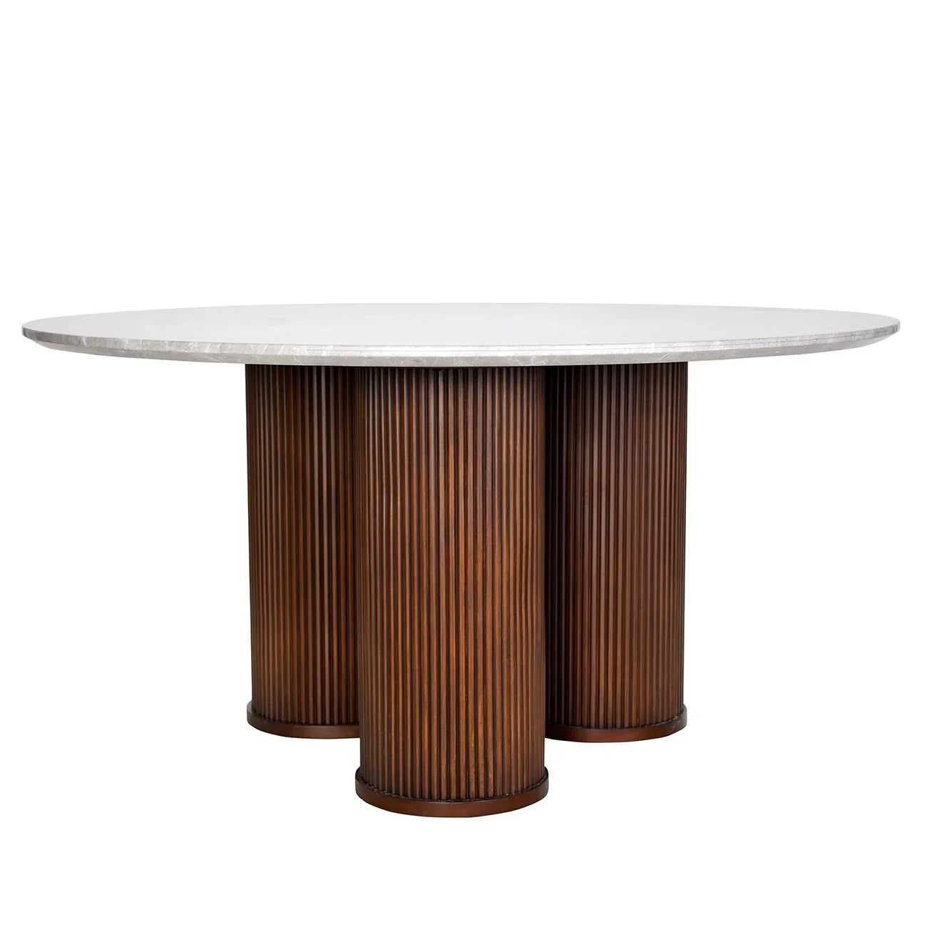 White round table with ribbed wooden pedestal base.