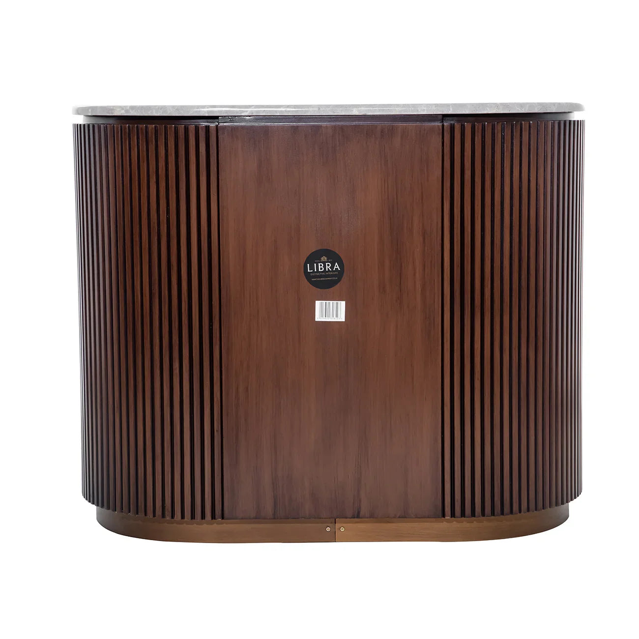 Curved wooden chest with vertical grooves and a smooth top surface.