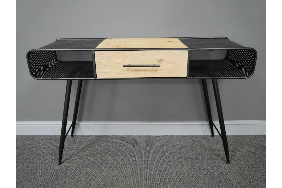 Industrial style console table with black metal mesh sides and central wood drawer