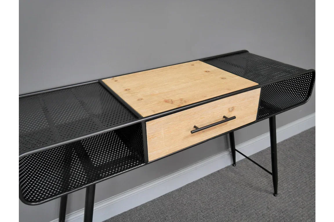 Industrial console table with black perforated metal shelves and central wood drawer