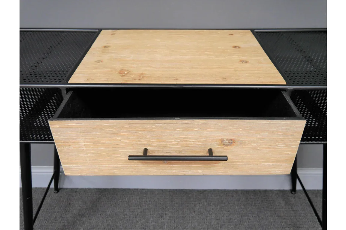 Wood and metal console table with open drawer and black mesh side shelves