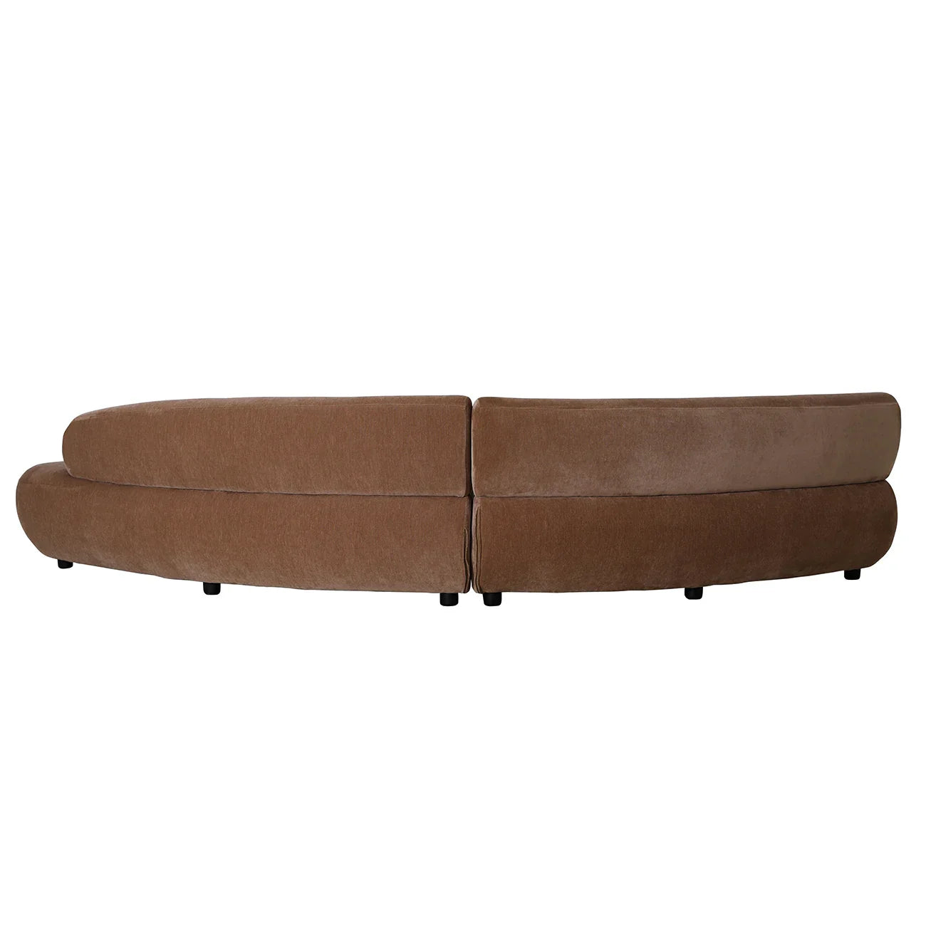 Mocha velvet sofa back view showing modular design and smooth texture.