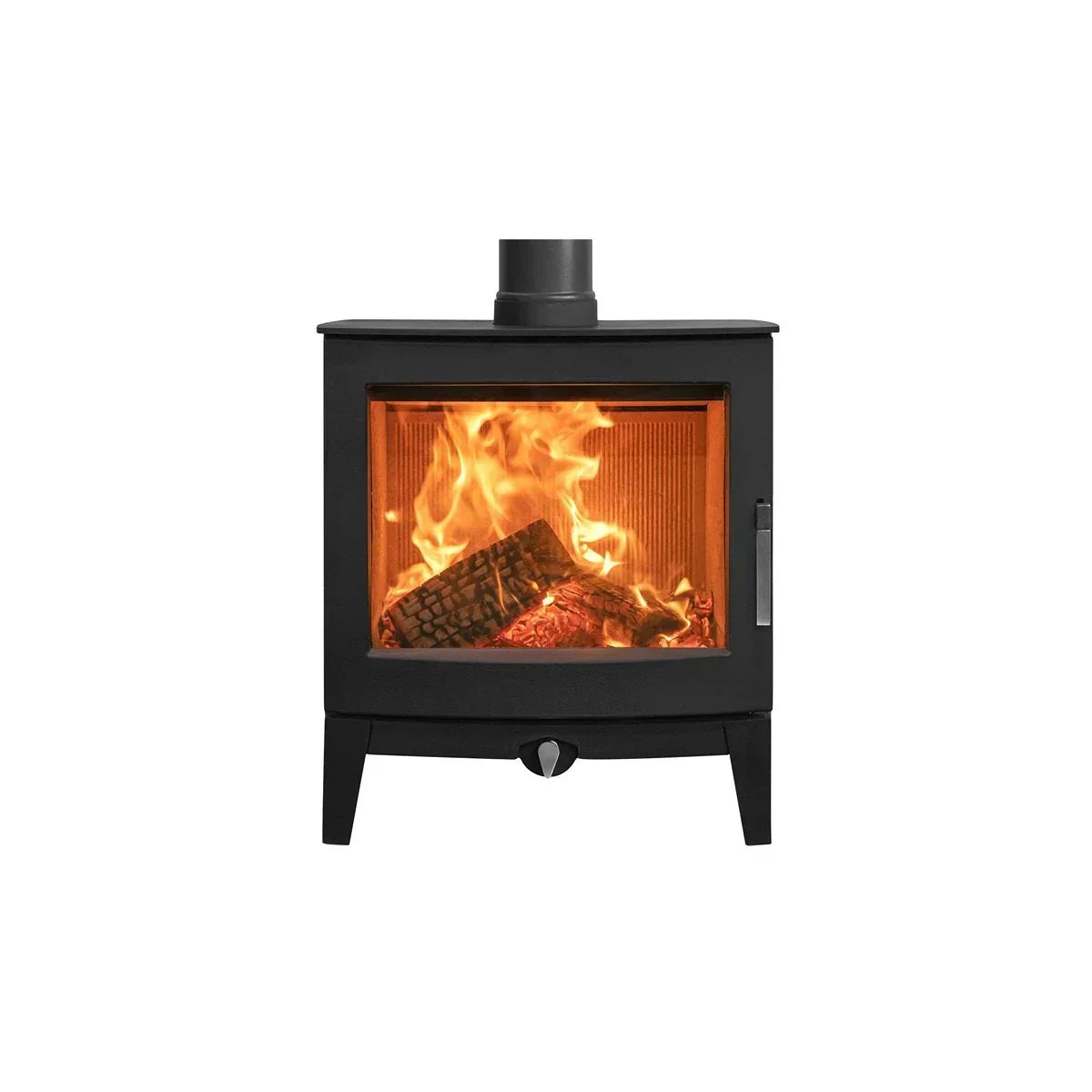 Black wood burning stove with fire and log visible through front glass panel