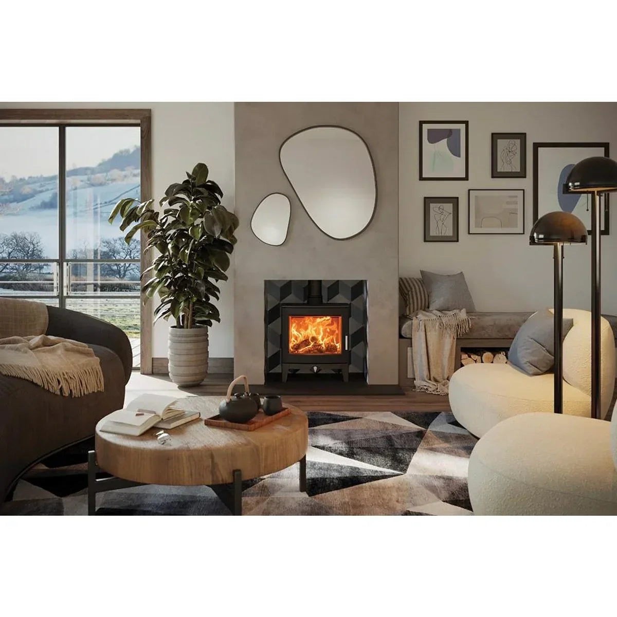 Modern wood burning stove in stylish living room with geometric rug and circular mirrors