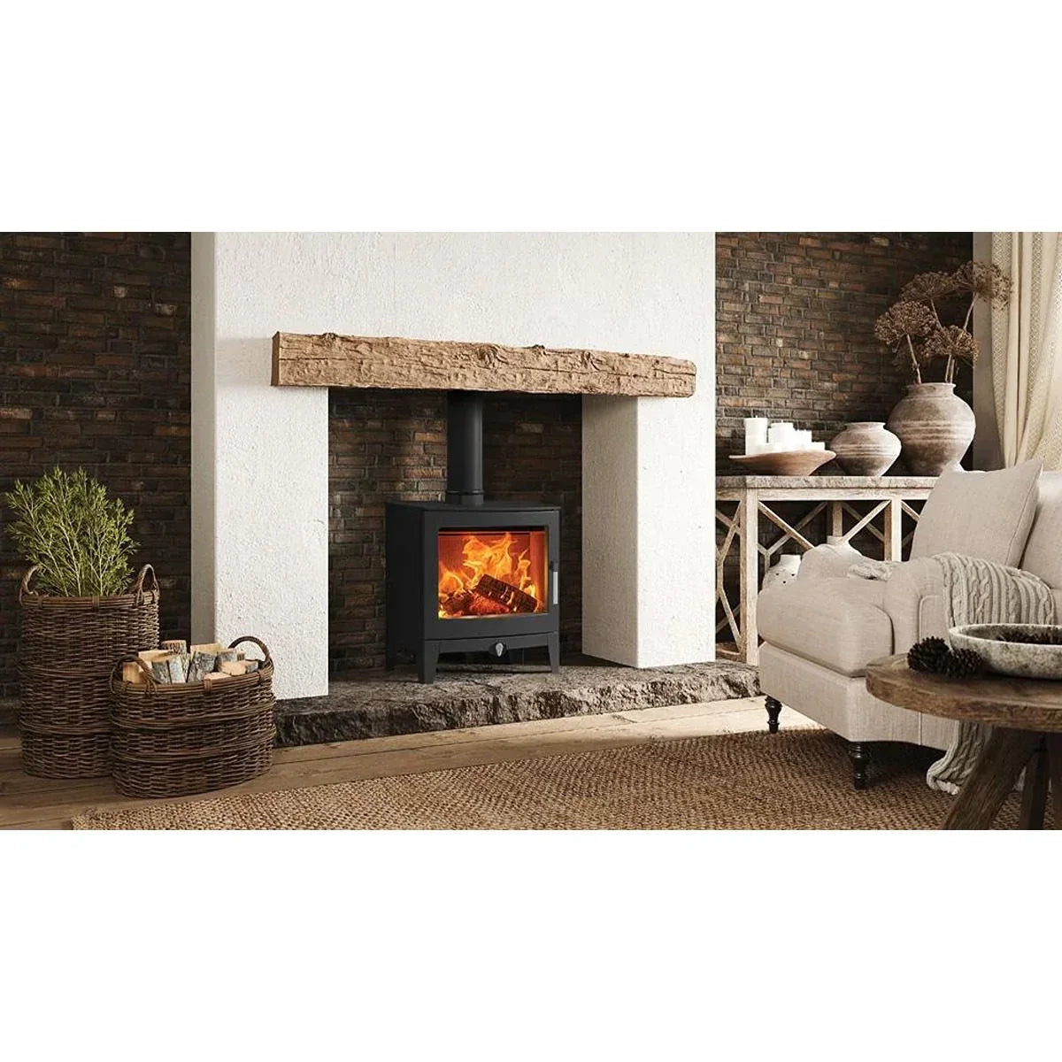 Modern wood burning stove in rustic living room with stone fireplace and neutral decor