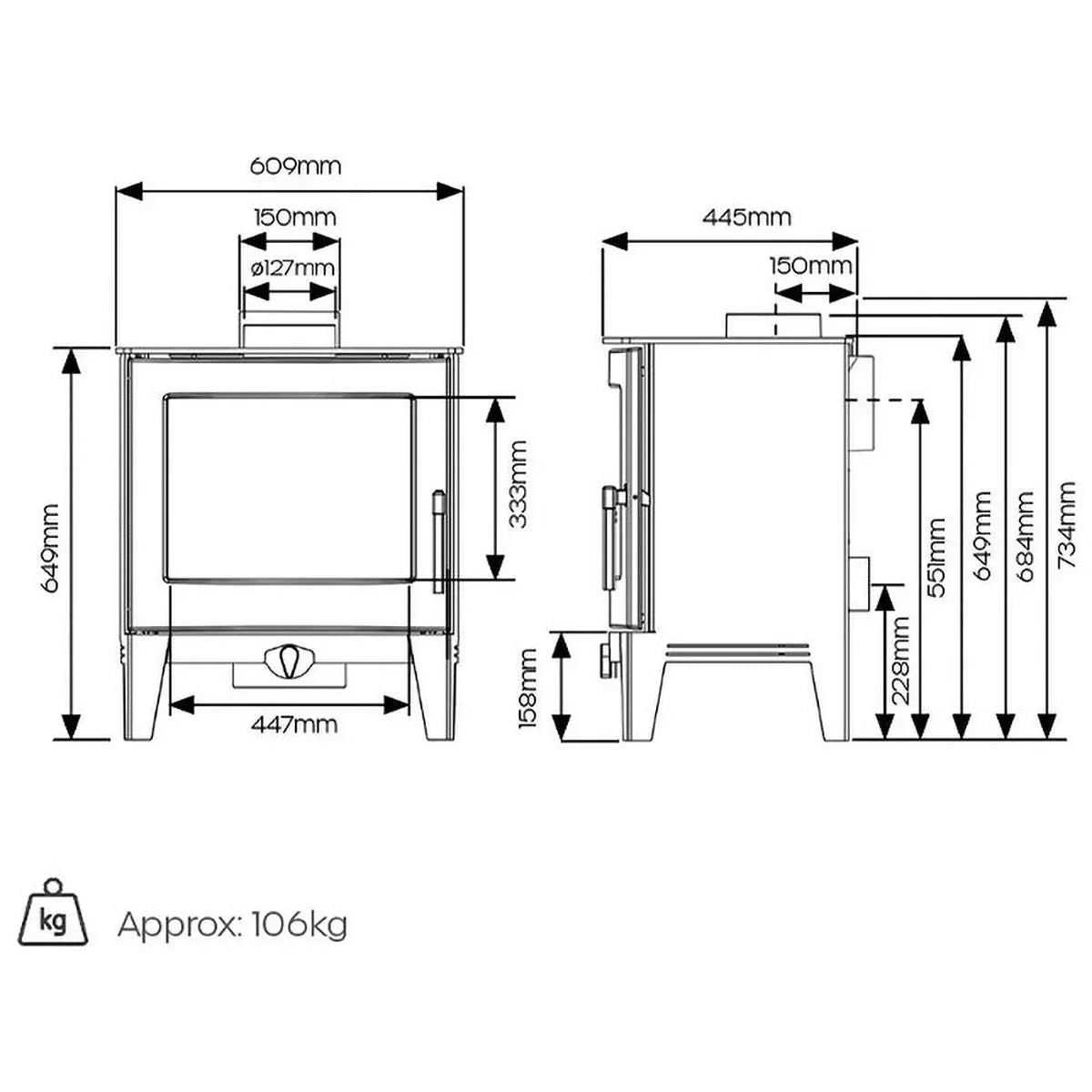 Wood burning stove technical drawing with detailed measurements and 106kg weight indication
