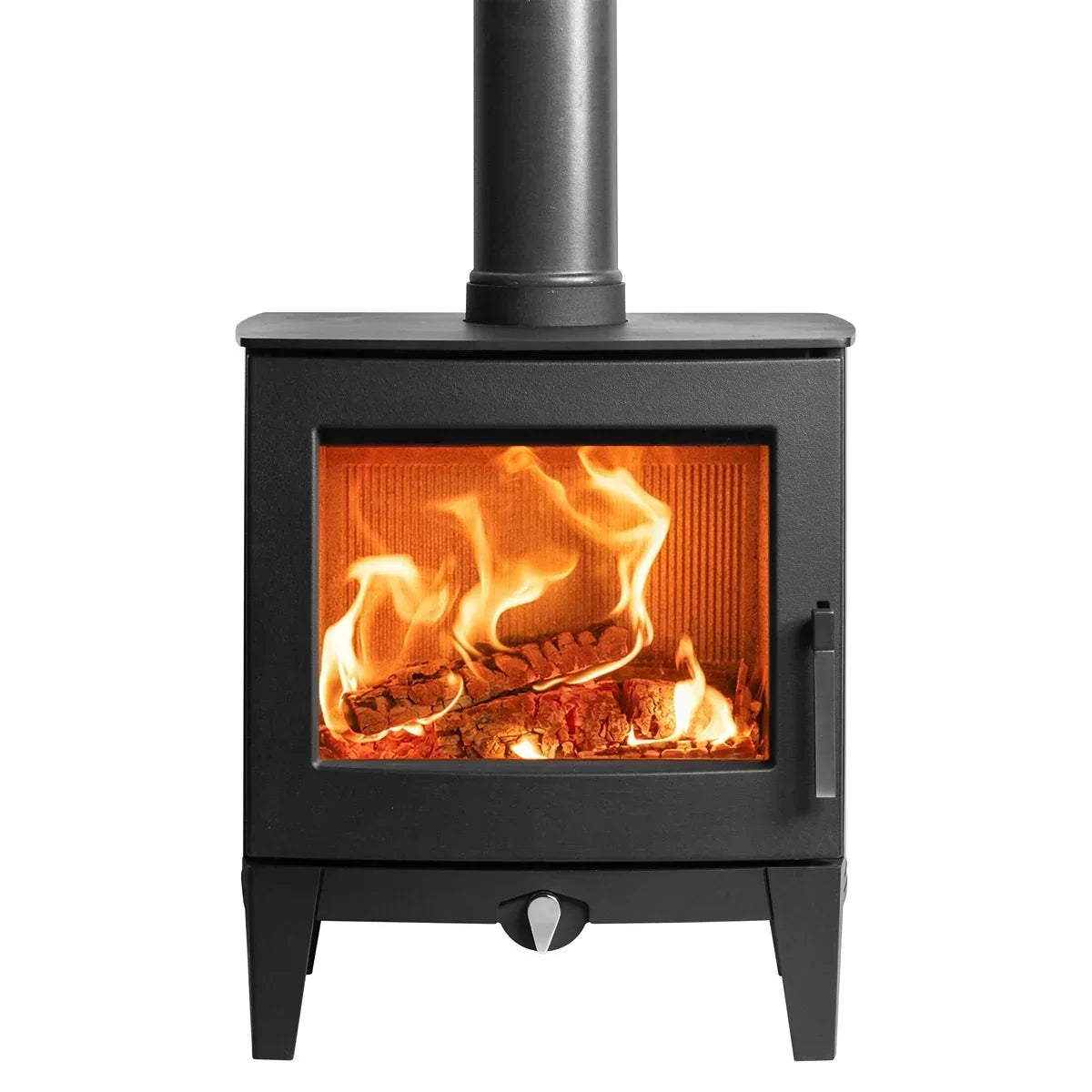 Black wood burning stove with visible flames and logs, viewed from the front