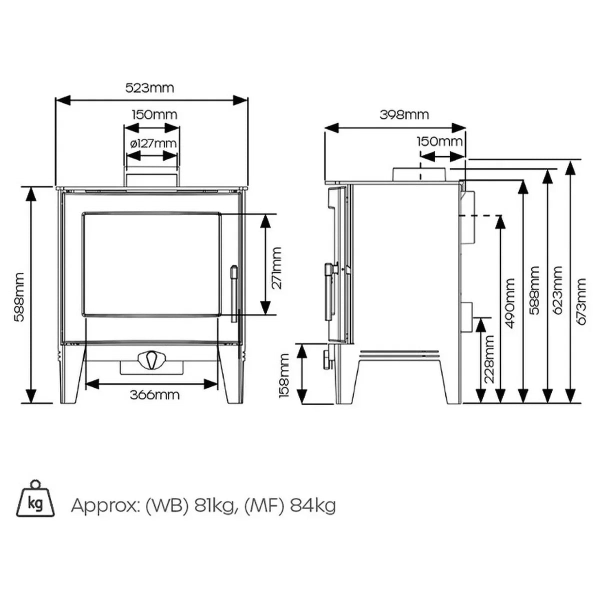 Multifuel stove technical drawing showing front and side dimensions and weight details