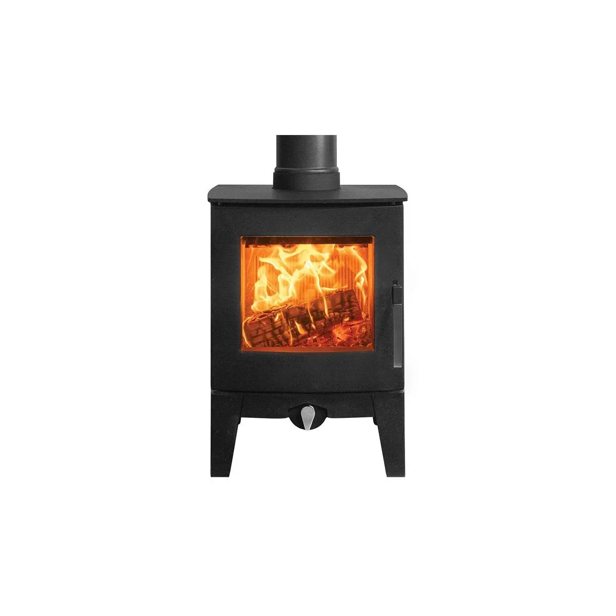 Black wood burning stove with visible flames and logs behind glass door