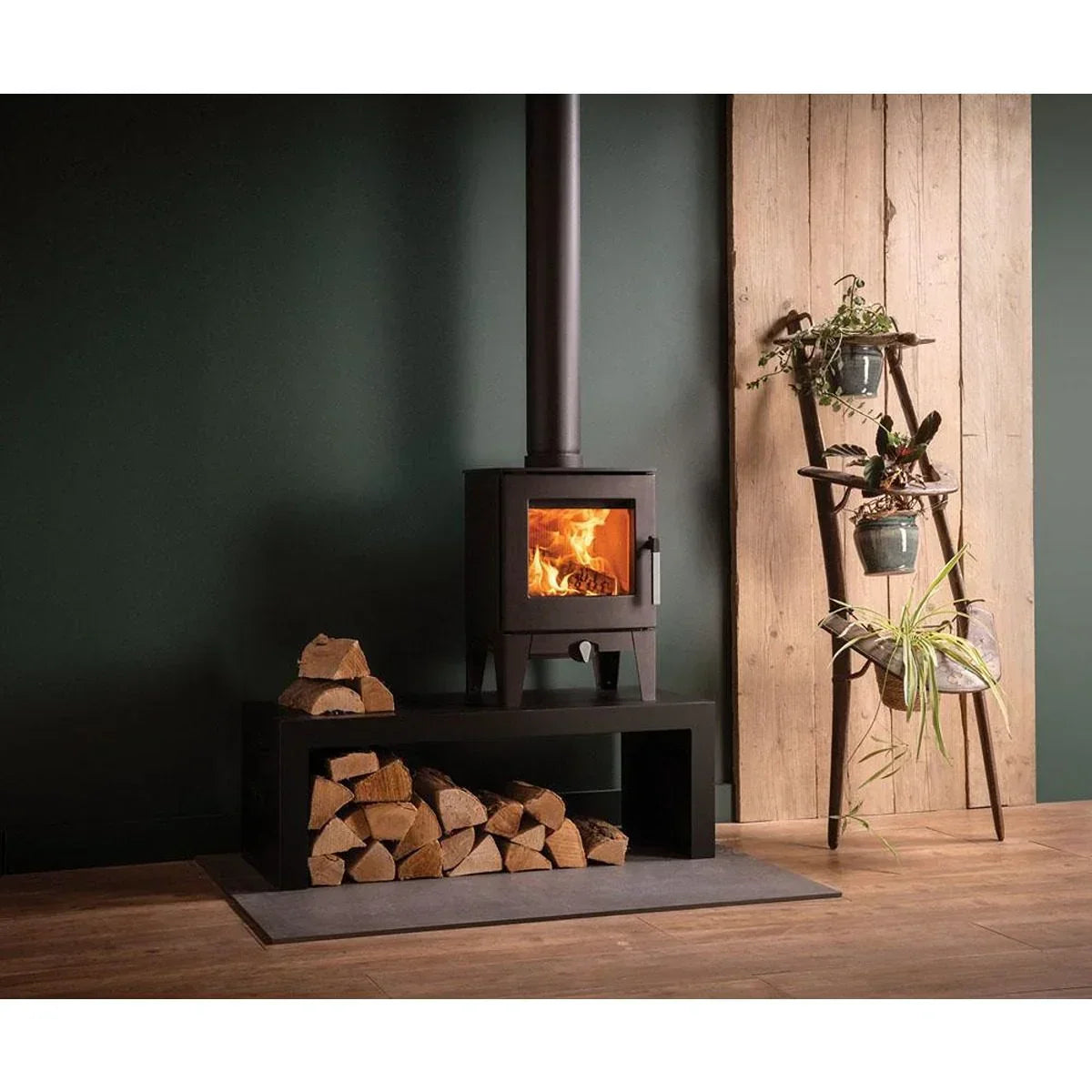 Black wood burning stove with log storage, modern interior, green wall, potted plants on ladder