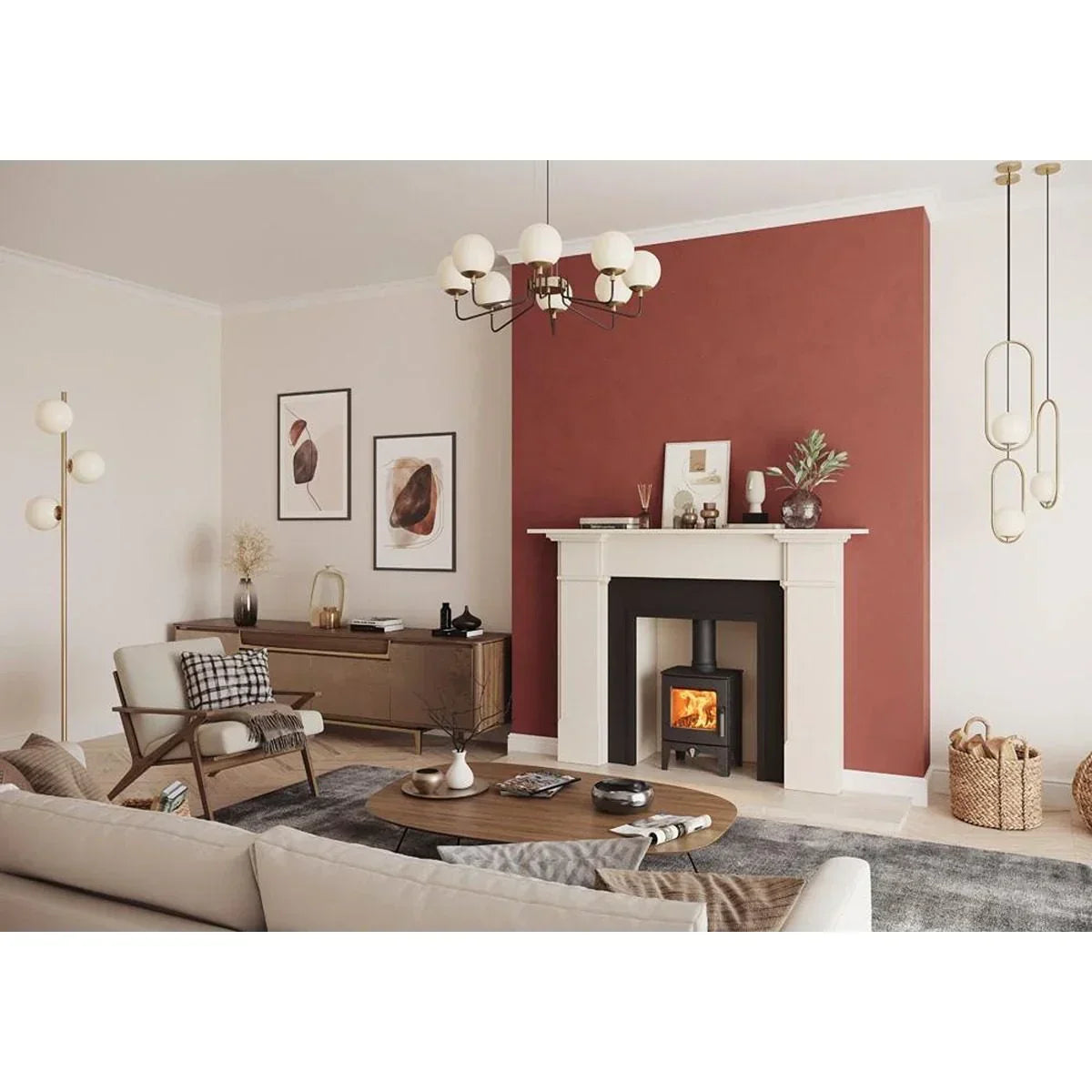 Modern living room with wood burner stove, beige sofa, and mid-century accent chair